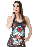 SUGAR SKULL" CAMI TOP WITH LACE BACK BY JAWBREAKER (BLACK)