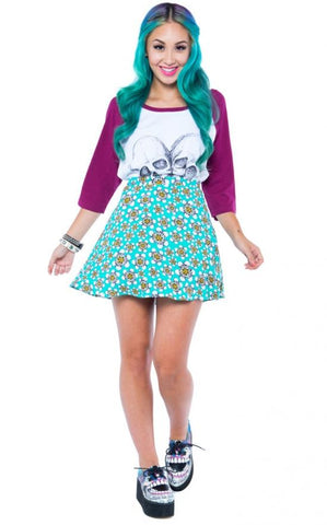 IRON FIST LADIES TRIPPING DAISIES SKATER SKIRT IN TURQUOISE